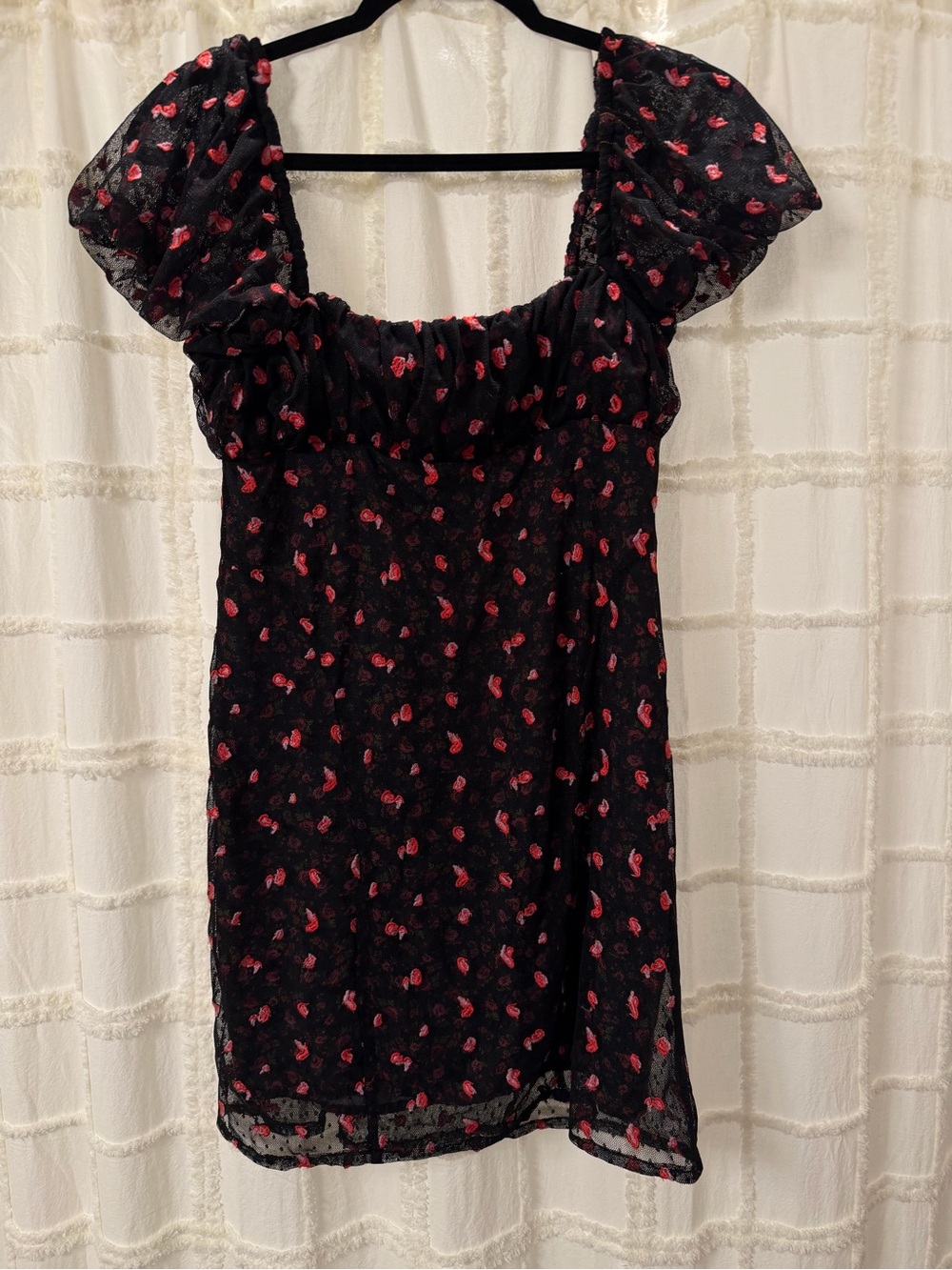 Free People Black Chiffon Mini Dress with Red Flower Print